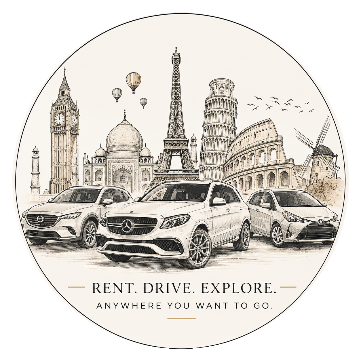 Rent, drive, explore, an illustrated seal of cars set against world landmarks