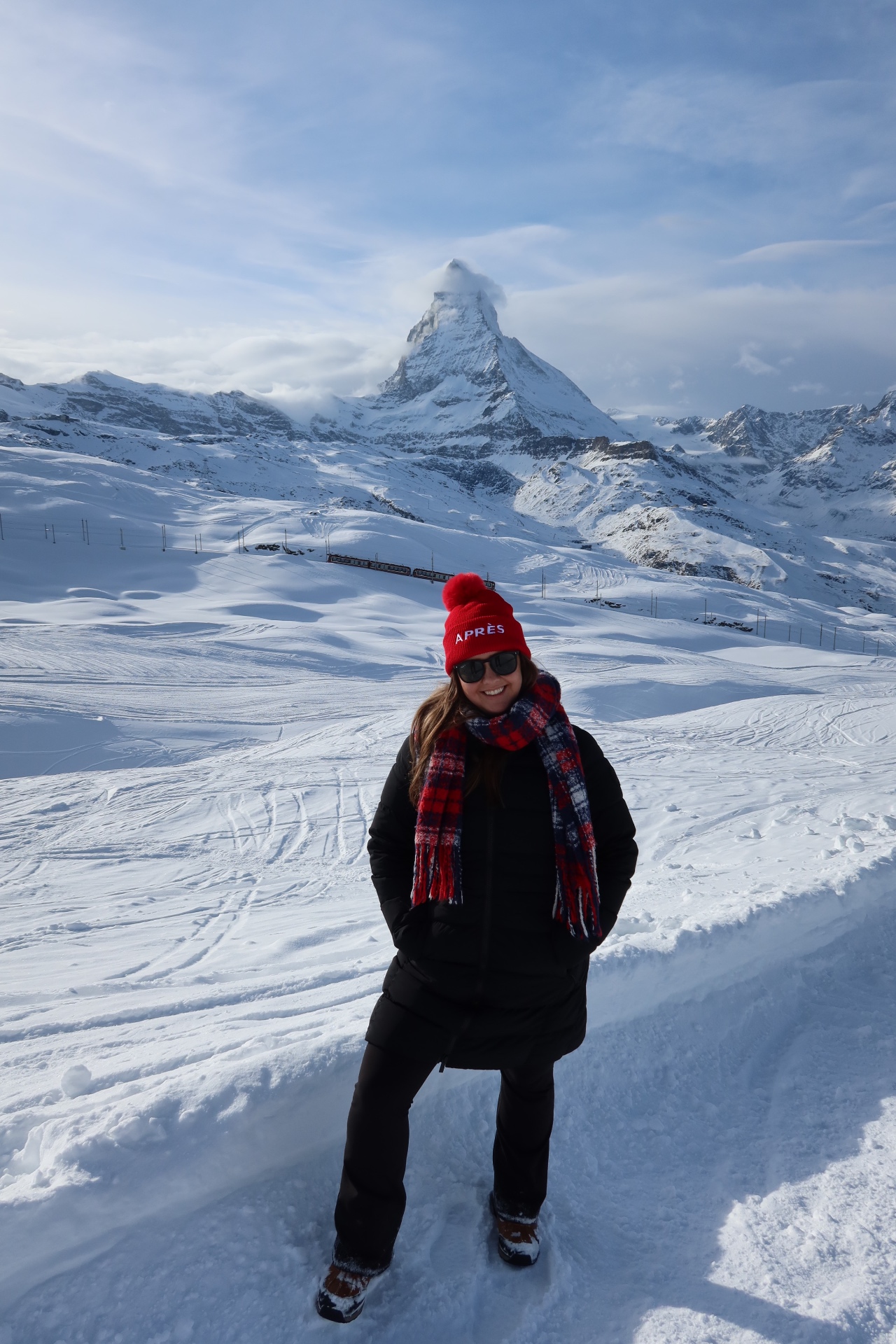 Jamie above Zermatt, Switzerland, with the Matterhorn behind her