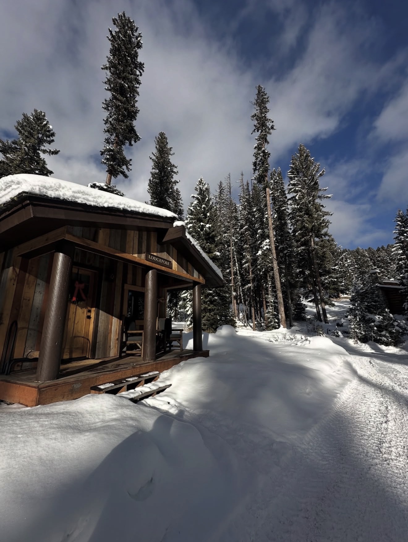 Square: the cabin in Big Sky, Montana, deep in the snow