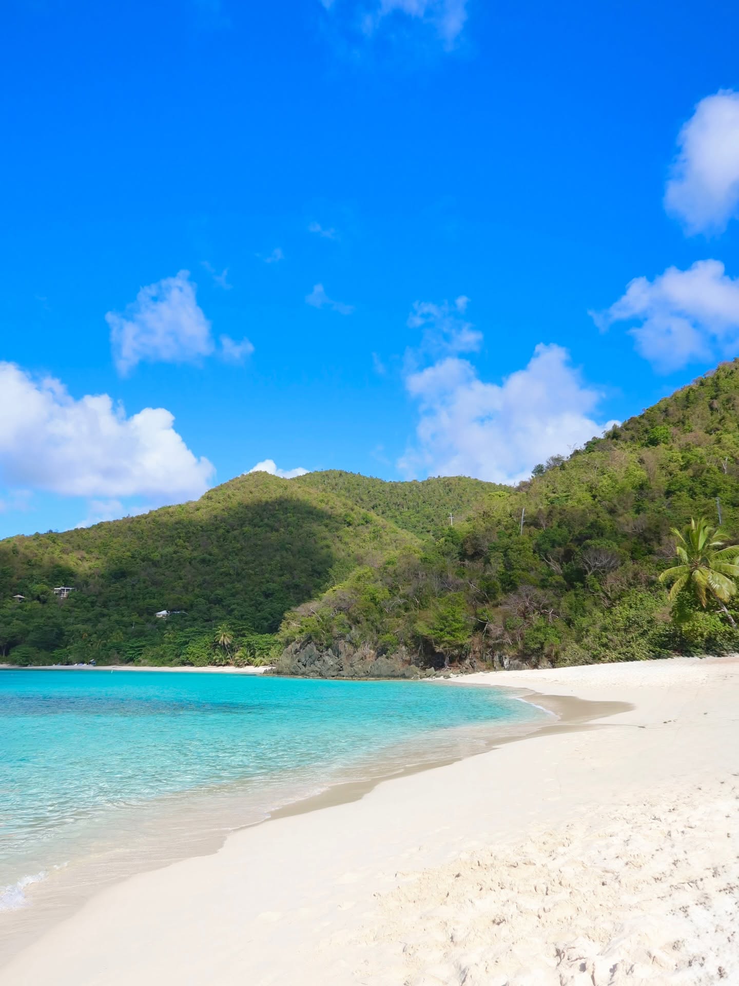 Hero: a quiet north shore bay on St John from above, empty sand, turquoise water